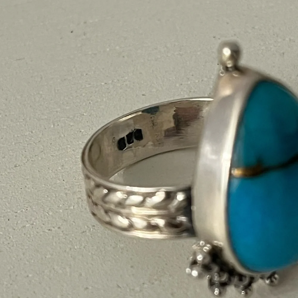 New 925 Solid Sterling Silver Turquoise and Pyrite Gemstone Ring Size 6.5
